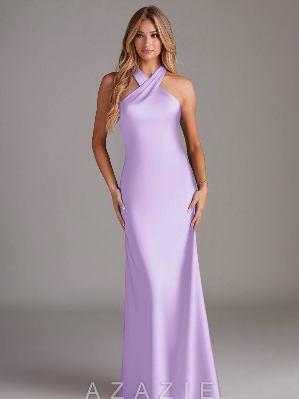 Azazie Lilac High Neck Halter Stretch Satin Evening Gown